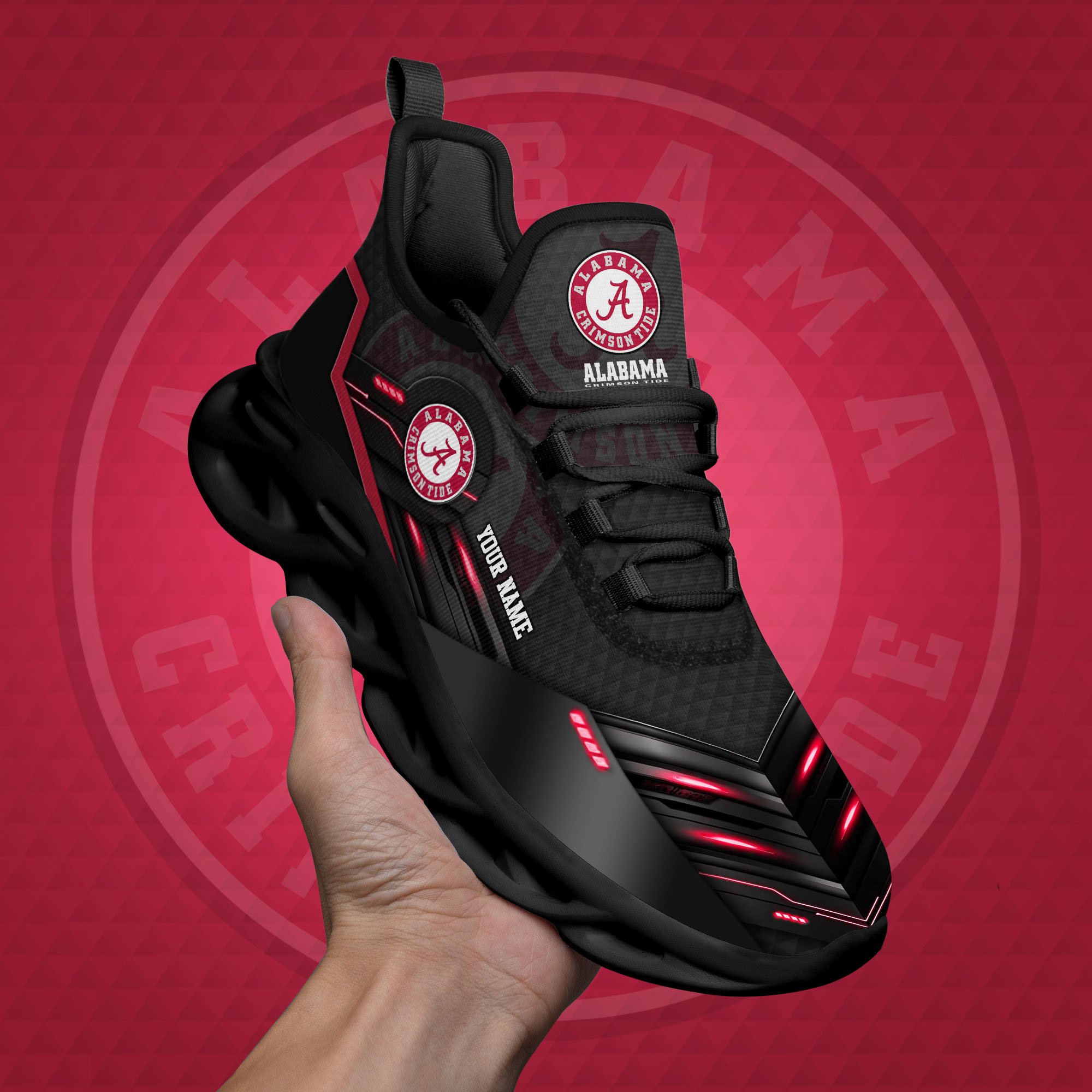 Alabama Crimson Tide Black Clunky Sneaker Custom Name, Max Soul Shoes, Sport Gifts For Fan