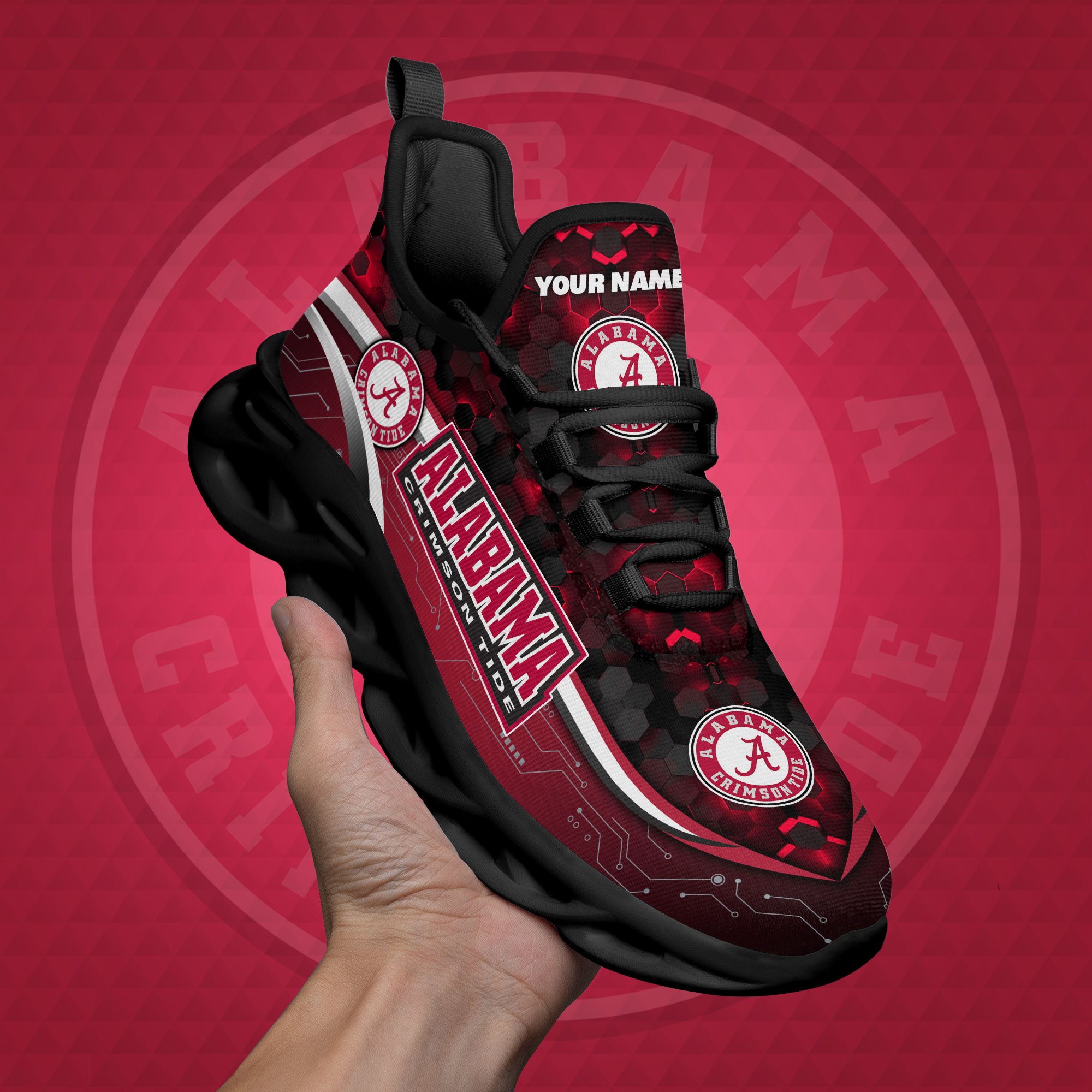 Alabama Crimson Tide Black Clunky Sneakers Custom Name, Max Soul Shoes, Sport Gifts