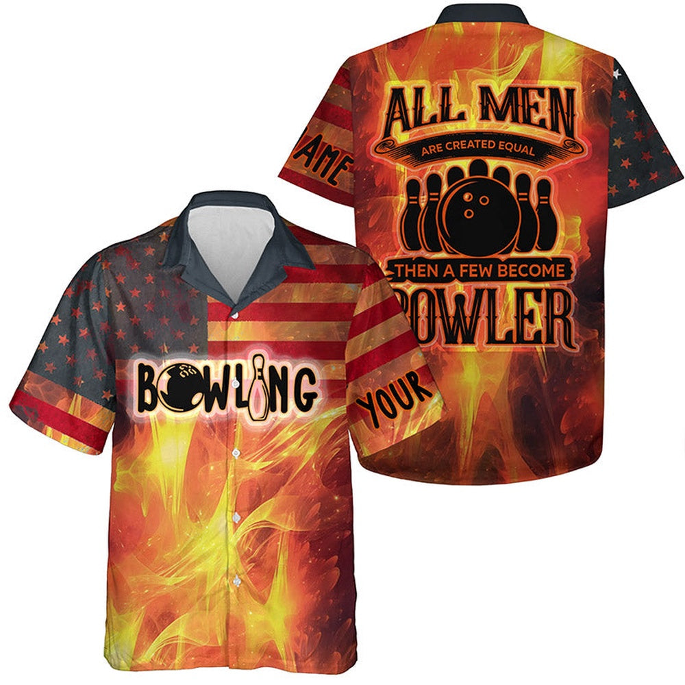 American Flag Flame Bowlingcustom Hawaiian Shirts For Men All Men Created Equal Few Become Bowler, Bowling Team Hawaiian