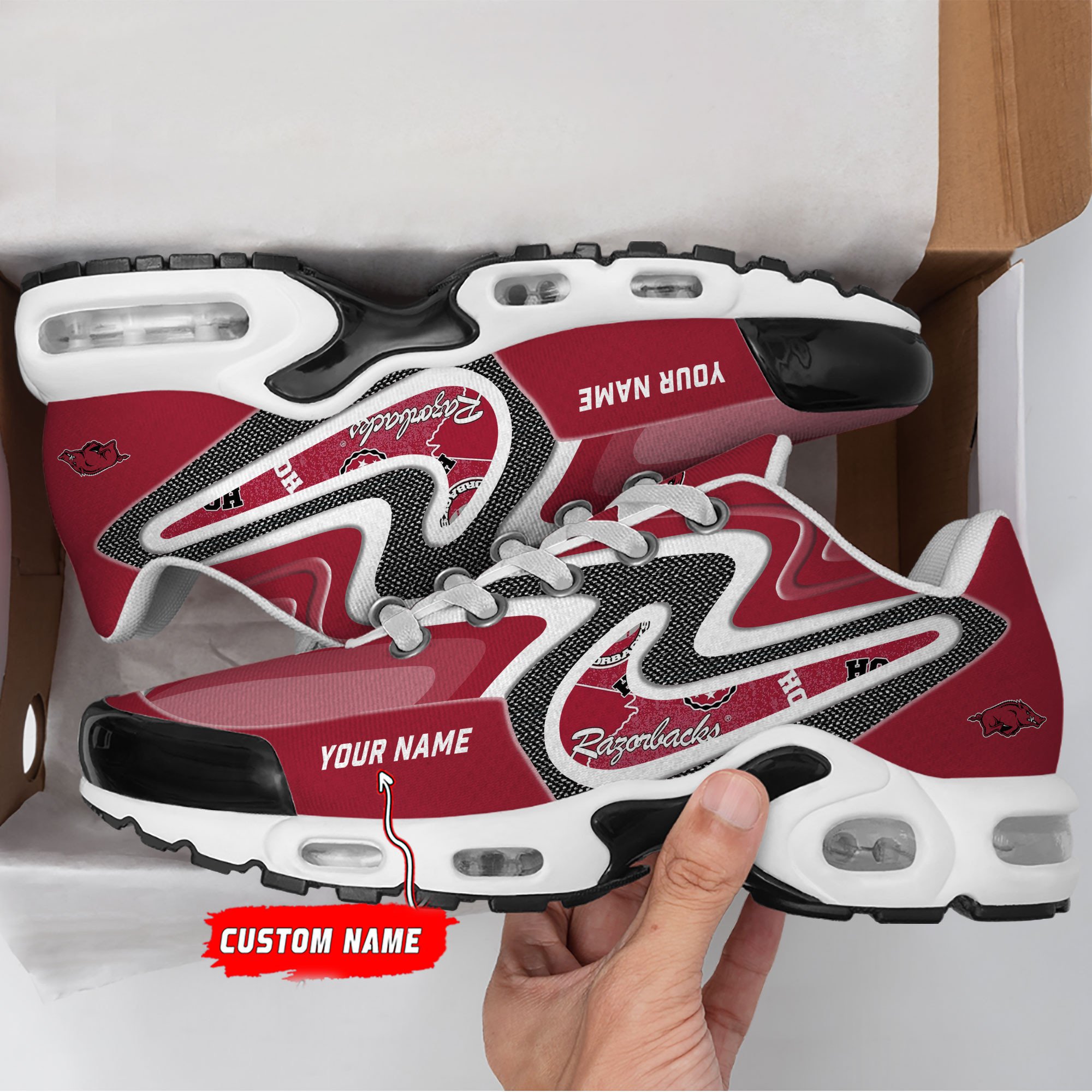 Arkansas Razorbacks Personalized Name Team Checkmark Logo Mix Colors Stitch Line TN Shoes Air Cushion Sneakers