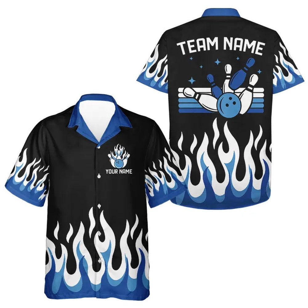 Black And Blueflame Retro Bowling Hawaiian Shirt, Custom Team Bowling Button Up Shirts, Bowling Team Hawaiian