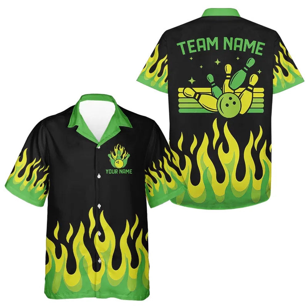 Black And Greenflame Retro Bowling Hawaiian Shirt, Custom Team Bowling Button Up Shirts, Bowling Team Hawaiian