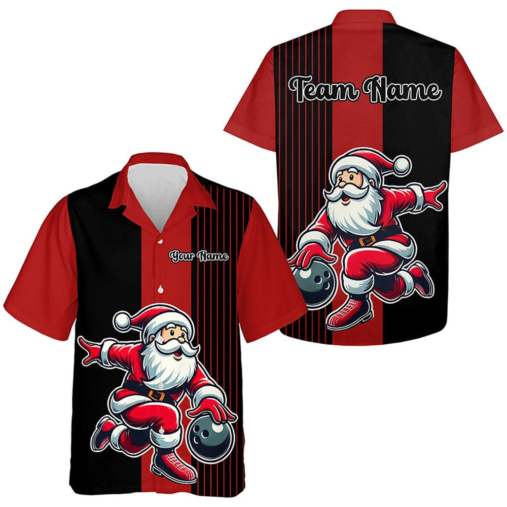 Black And Redbowling Hawaiian Shirt, Custom Funny Santa Christmas Team Uniform Bowling Button Up Shirt, Bowling Team Hawaiian