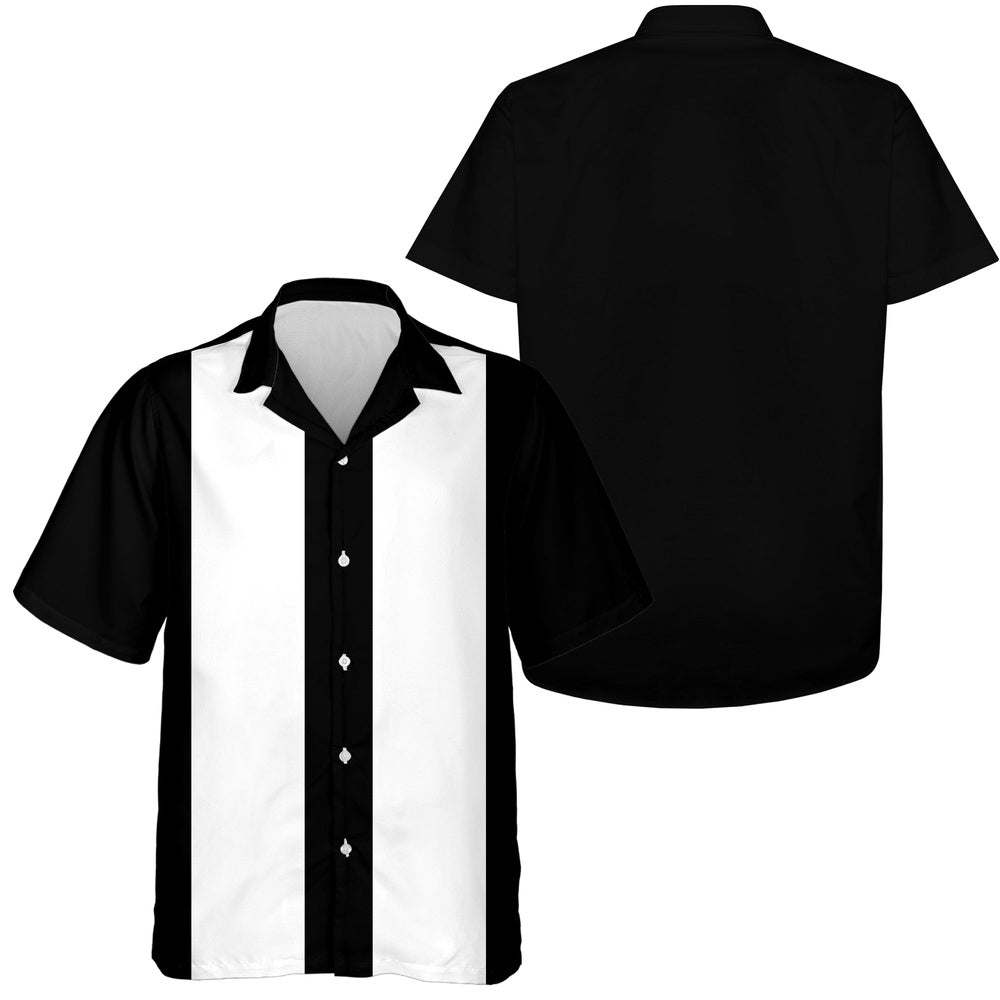 Black And White Men's Retro Bowling Shirts, Men's Short Sleeve Button Down Vintage Bowling Shirts, Bowling Team Hawaiian