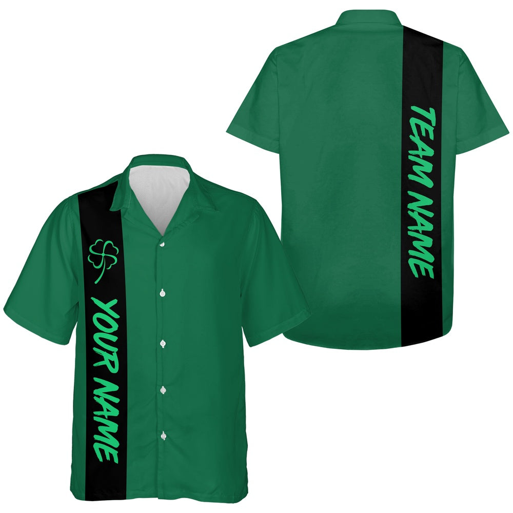 Black Greenretro Short-Sleeve Button Down Hawaiian Shirt, Custom St Patrick Day Team Bowling Shirts, Bowling Team Hawaiian