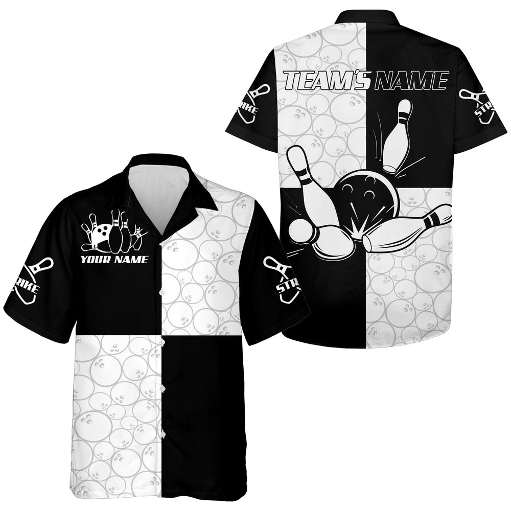 Black & Whitebowling Shirt For Men Women, Custom Bowling Team Hawaiian League Hawaii Shirt, Bowling Team Hawaiian