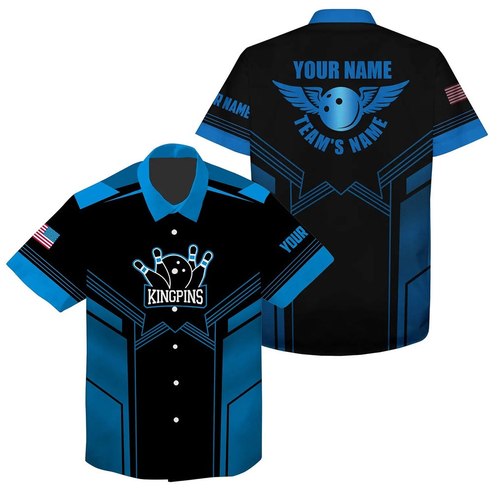 Blueand Black Bowling Hawaiian Shirt For Men, Custom Name And Team Name Mens Bowling Team Shirts, Bowling Team Hawaiian