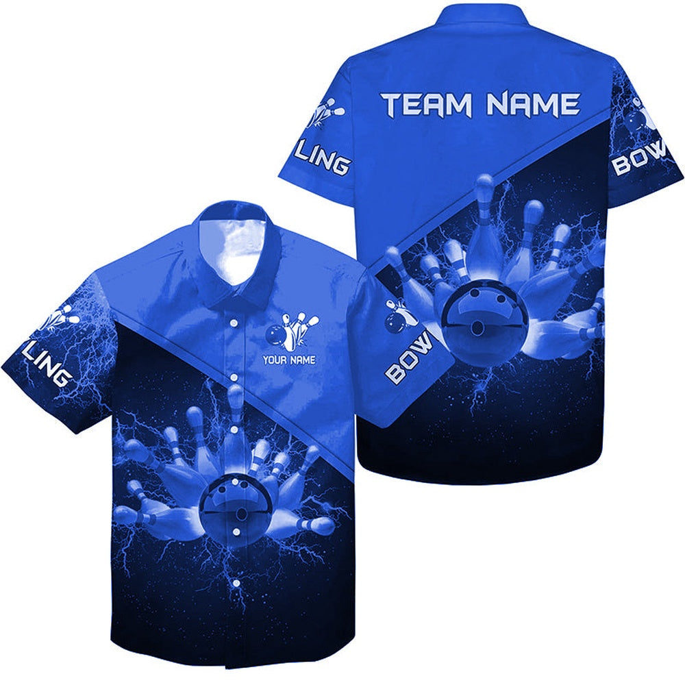 Bowling Hawaiian Shirt, Custom Blue Lightning Thunder Bowling Team Hawaiian, Gift For Team Bowlers, Bowling Team Hawaiian