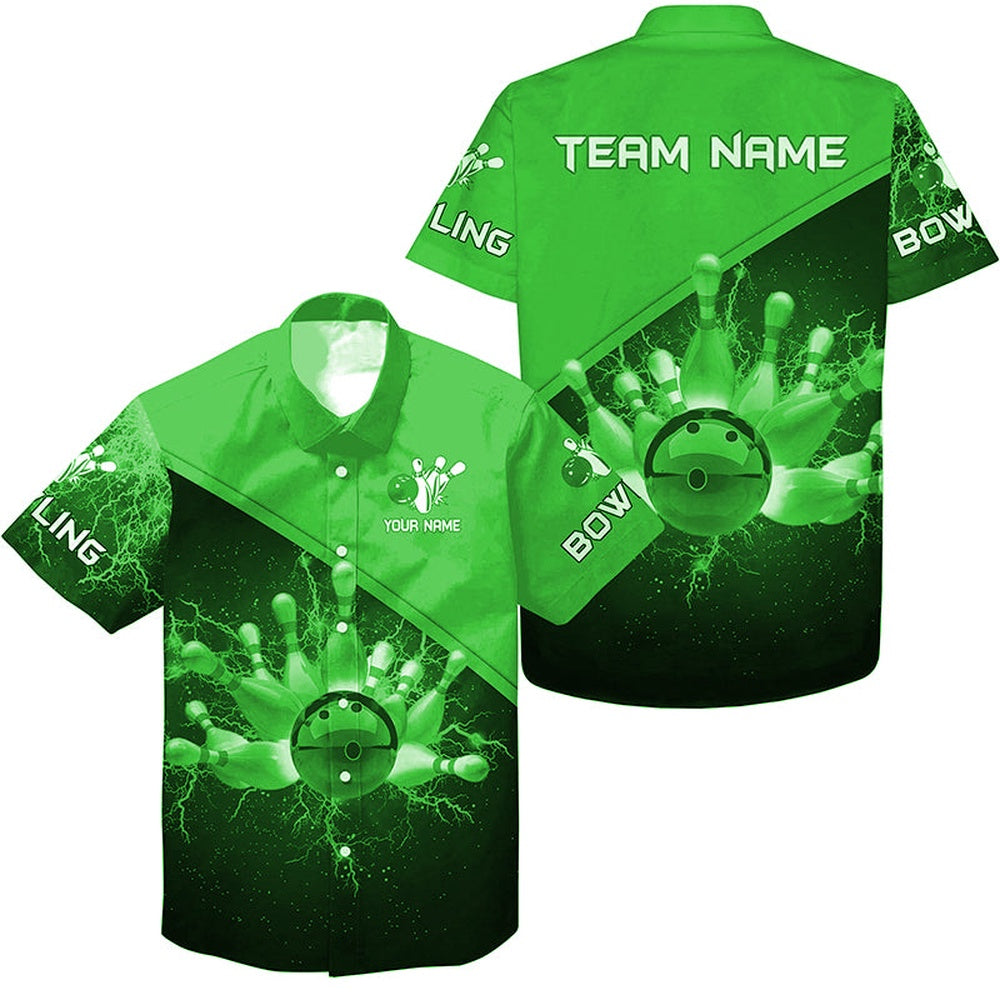 Bowling Hawaiian Shirt, Custom Green Lightning Thunder Bowling Team Hawaiian, Gift For Team Bowlers, Bowling Team Hawaiian
