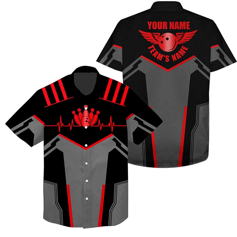 Bowling Hawaiian Shirt, Custom Name And Team Name Bowling Ball And Pins, Team Bowling Shirts Red, Bowling Team Hawaiian