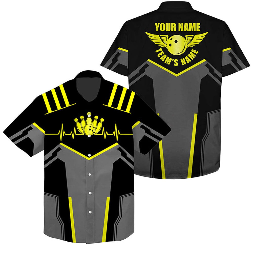 Bowling Hawaiian Shirt, Custom Name And Team Name Bowling Ball And Pins, Team Bowling Shirts Yellow, Bowling Team Hawaiian