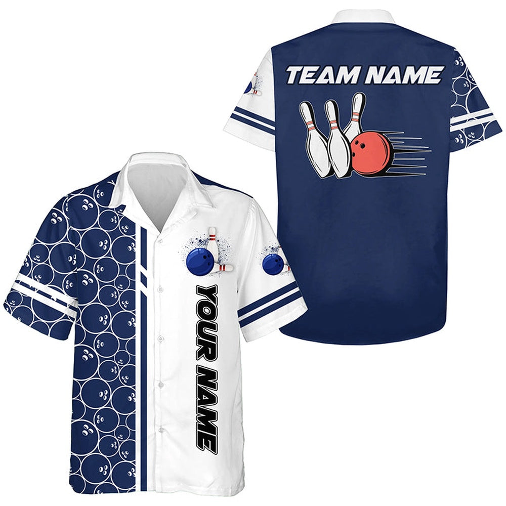 Bowling Hawaiian Shirts, Custom Whiteand Bluecamo Vintage Bowling Shirts, Gift For Bowler, Bowling Team Hawaiian