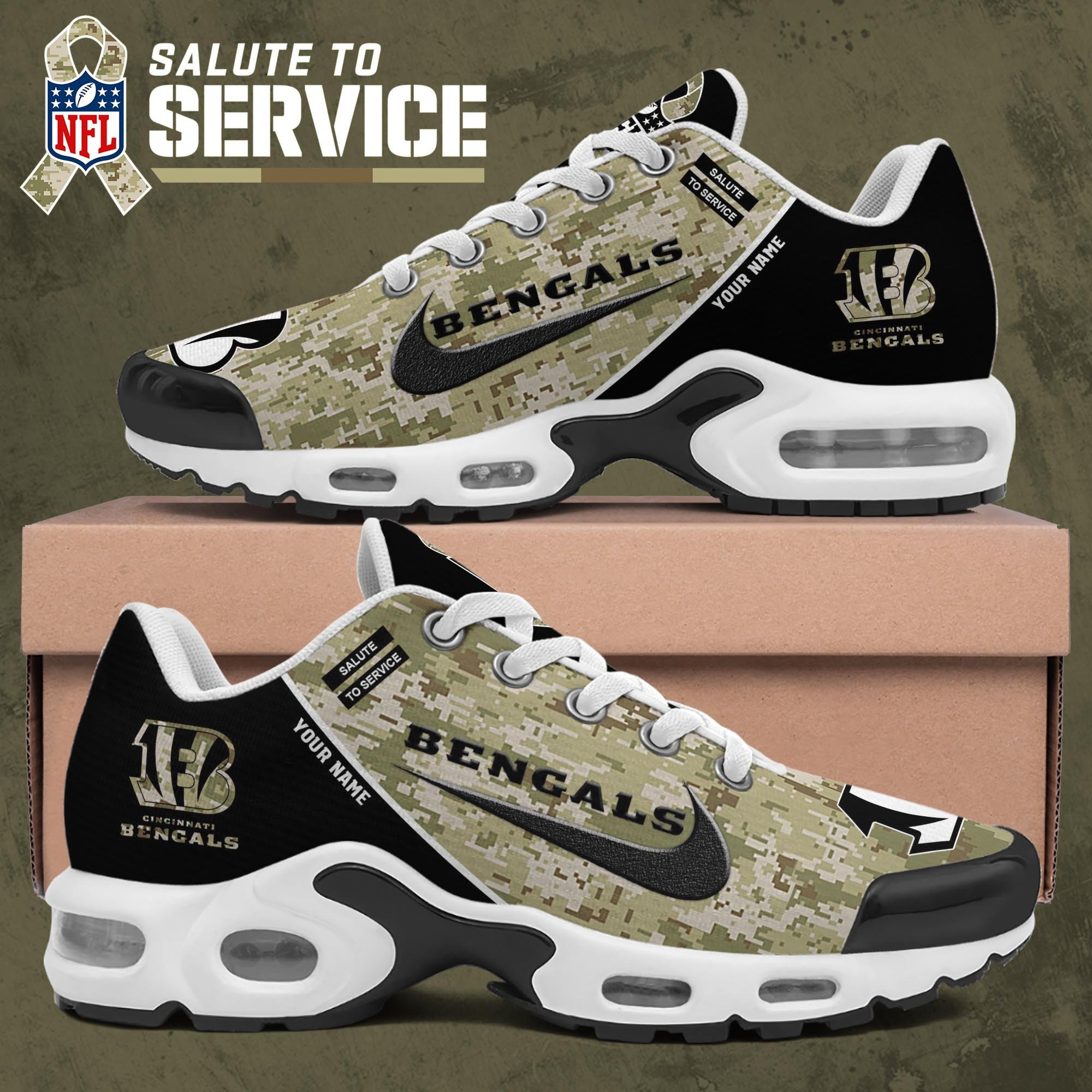 Cincinnati Bengals TN Shoes 2025 Version Custom Name, Camouflage Shoes   PH586