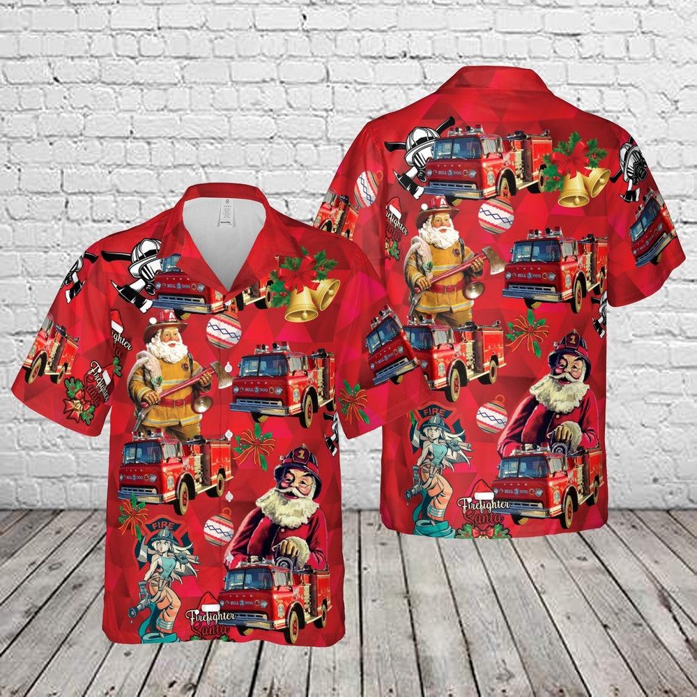 Classic old Ford C Model Fire Truck Christmas Hawaiian Shirt, Xmas Hawaiian Shirts, Christmas Aloha Shirts