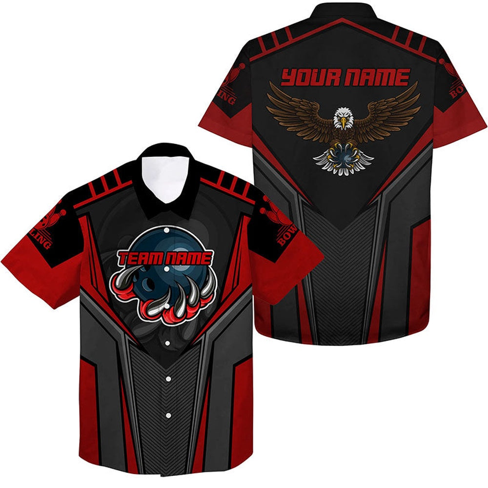 Custom Name And Team Name Bowling Hawaiian Shirt For Men, Eagle Men's Bowling Team Shirts Red, Bowling Team Hawaiian