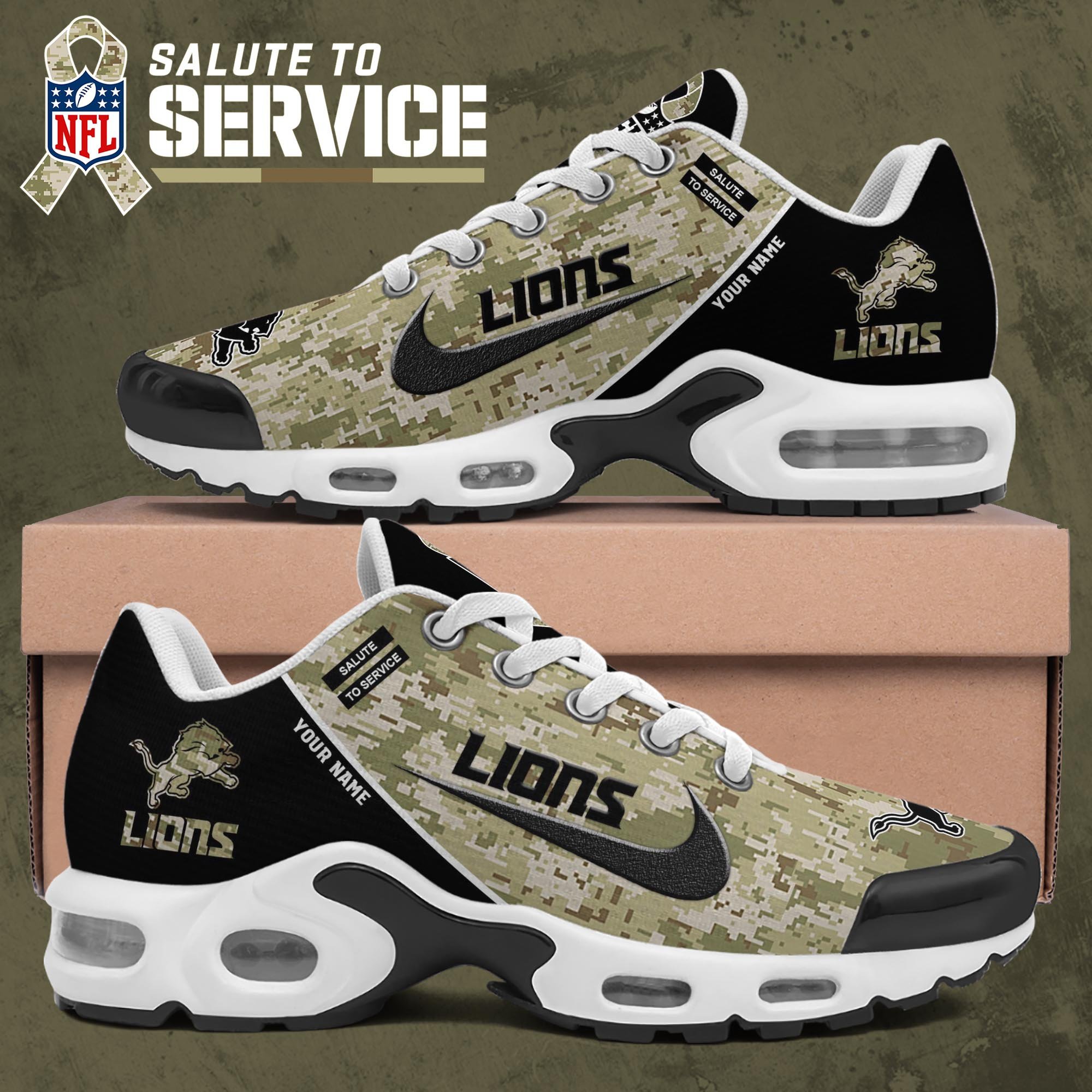 Detroit Lions TN Shoes 2025 Version Custom Name, Camouflage Shoes PH586