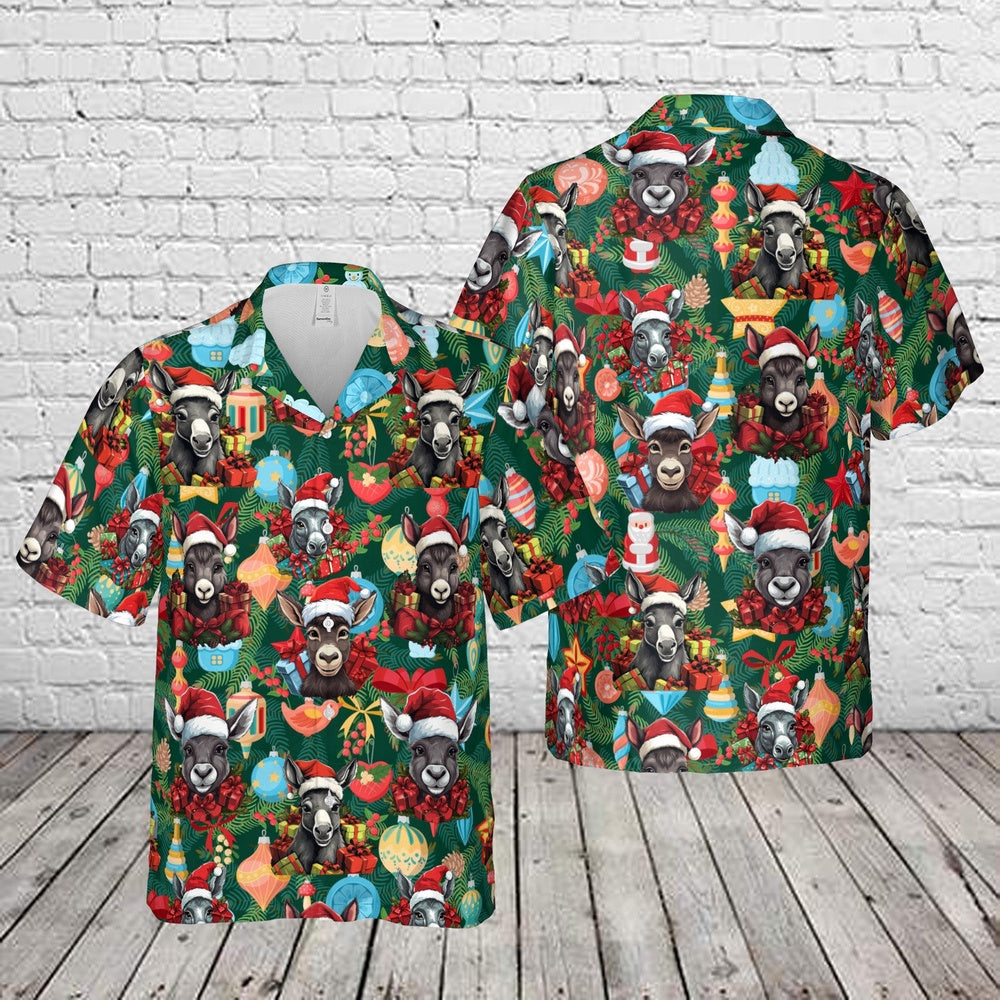 Donkey Wearing Santa Hat Christmas Hawaiian Shirt, Xmas Hawaiian Shirts, Christmas Aloha Shirts