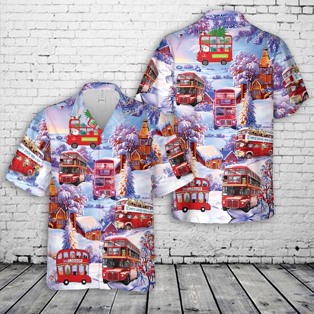 Double Decker Bus Christmas Hawaiian Shirt, Xmas Hawaiian Shirts, Christmas Aloha Shirts