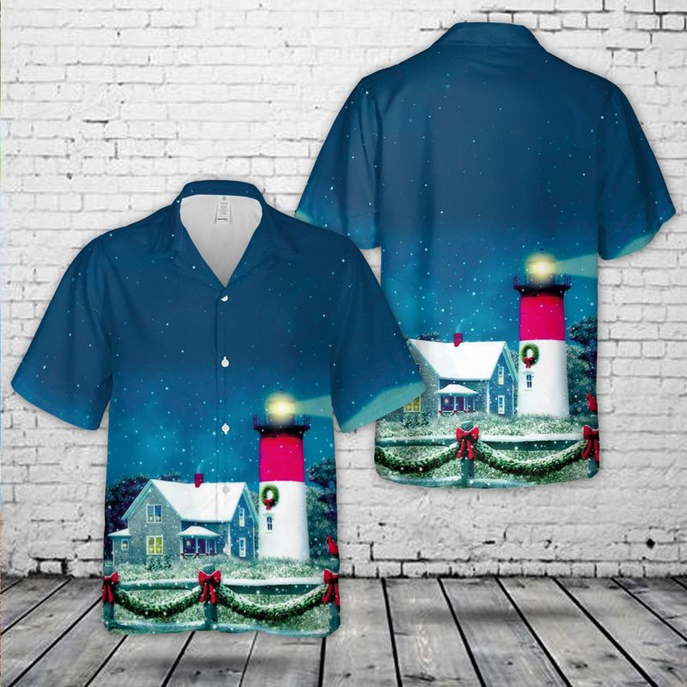 Eastham, Massachusetts, Nauset Lighthouse Christmas Hawaiian Shirt, Xmas Hawaiian Shirts, Christmas Aloha Shirts