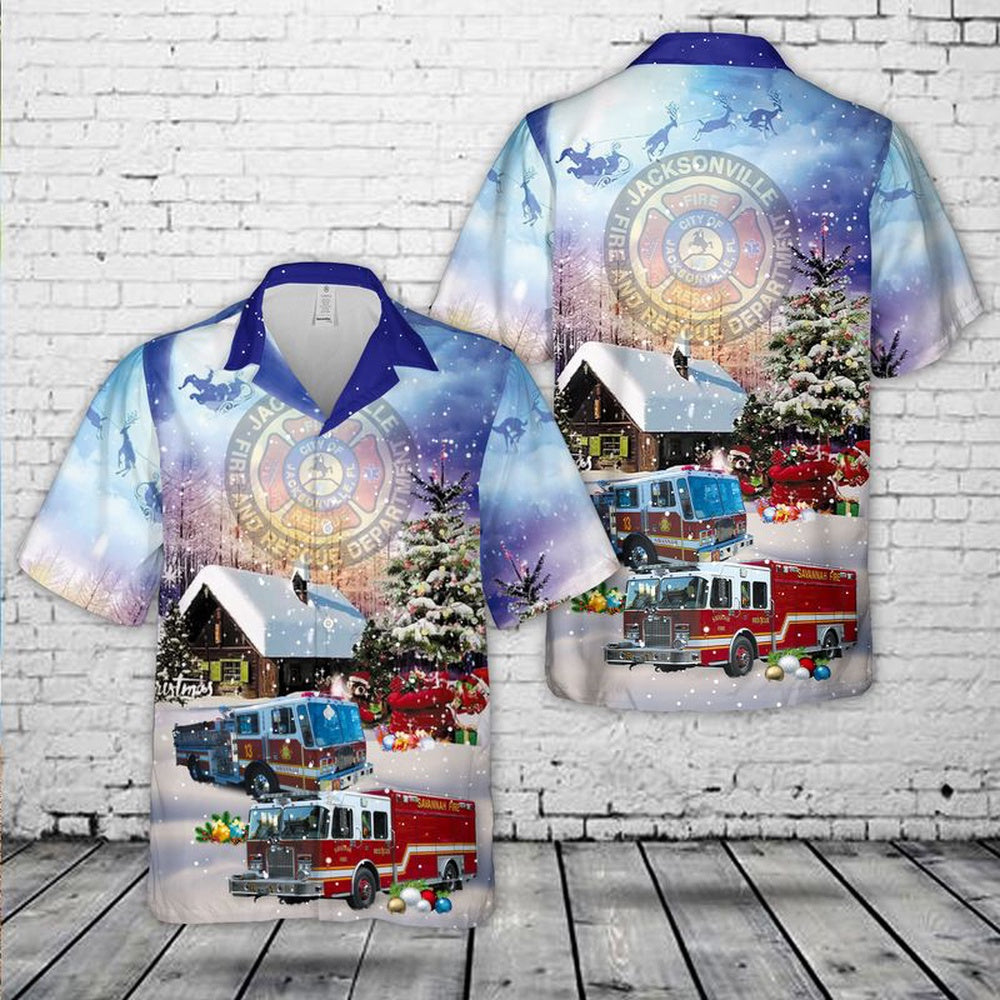 Fire Department Jacksonville Florida Firefighter Emergency Service Christmas Hawaiian Shirt, Xmas Hawaiian Shirts, Christmas Aloha Shirts