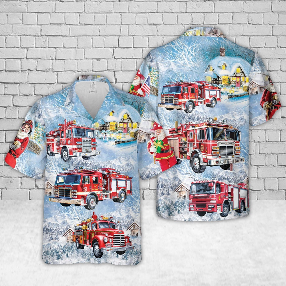 Fire Truck Christmas Hawaiian Shirt, Xmas Hawaiian Shirts, Christmas Aloha Shirts