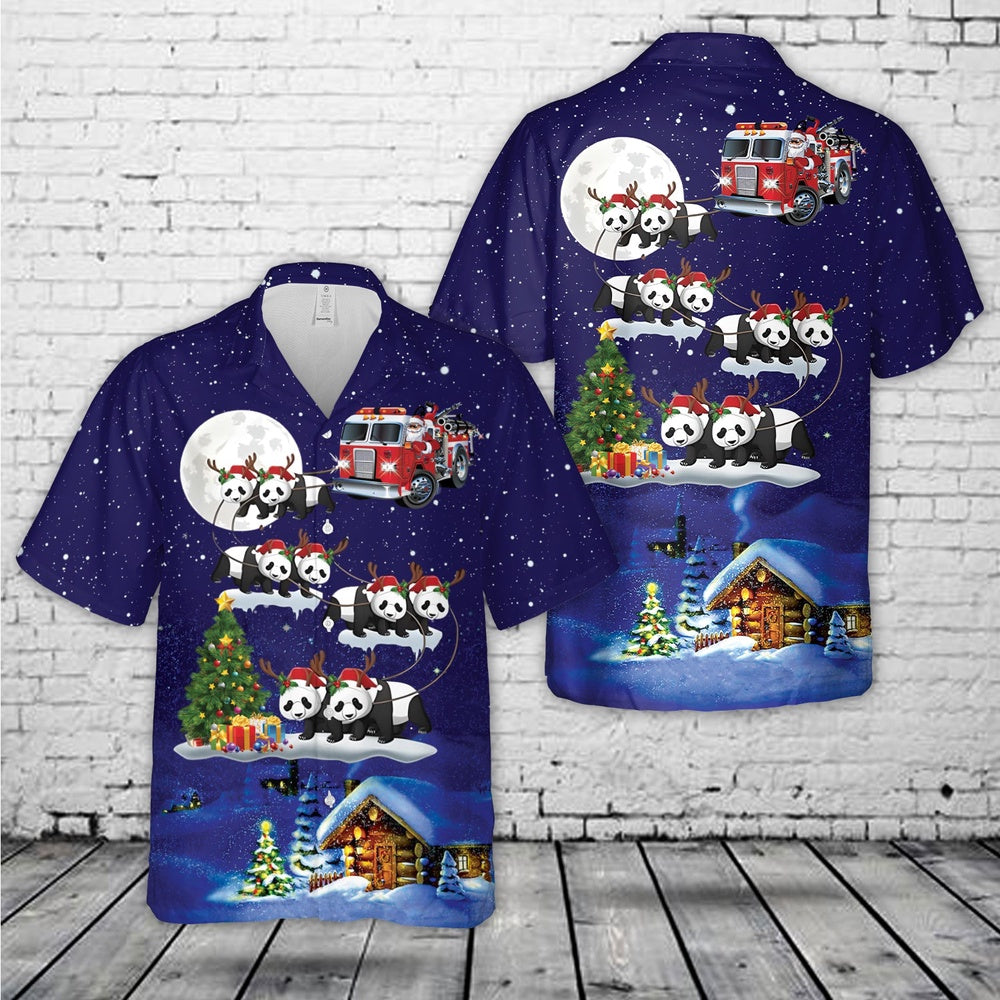 Fire Truck Santa Riding Panda Christmas Hawaiian Shirt, Xmas Hawaiian Shirts, Christmas Aloha Shirts