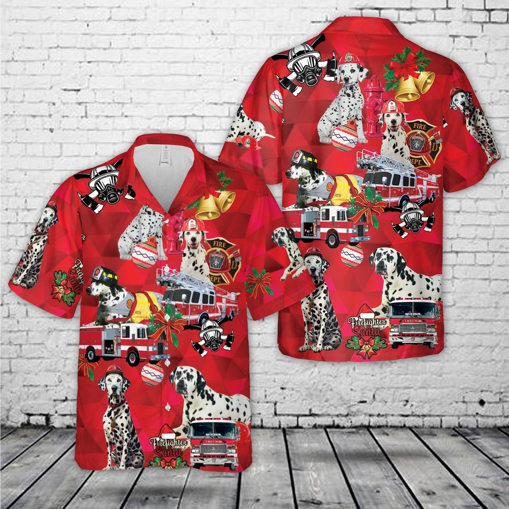 Firefighter Fire Truck And Dalmatian Fire Dog Christmas Hawaiian Shirt, Xmas Hawaiian Shirts, Christmas Aloha Shirts