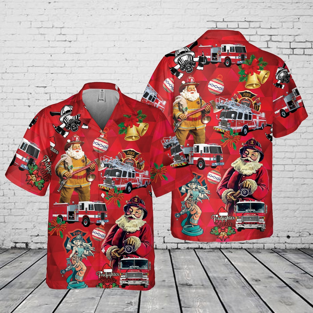 Firefighter Fire Truck Christmas Pocket Hawaiian Shirt, Xmas Hawaiian Shirts, Christmas Aloha Shirts