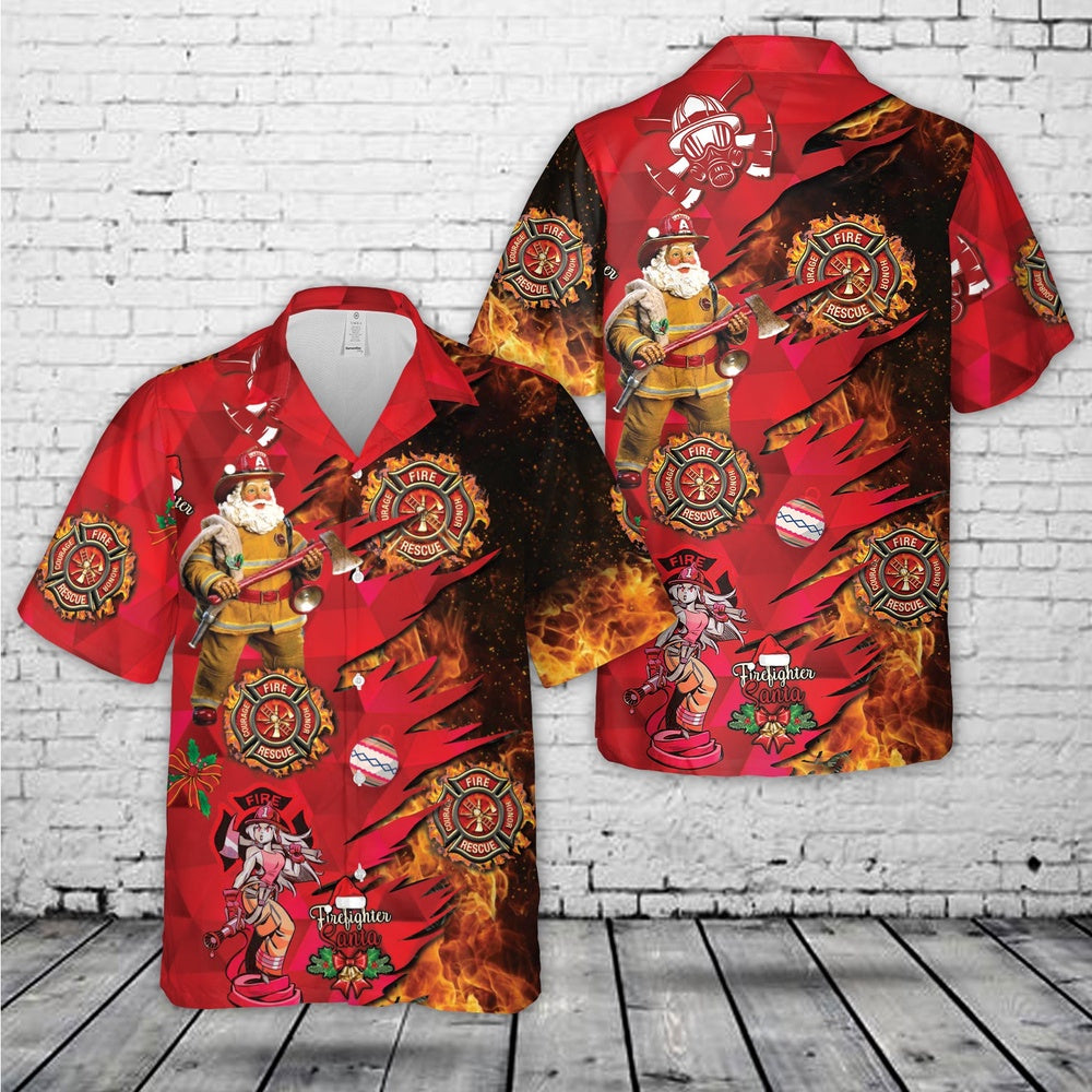 Firefighter Santa Christmas Hawaiian Shirt, Xmas Hawaiian Shirts, Christmas Aloha Shirts