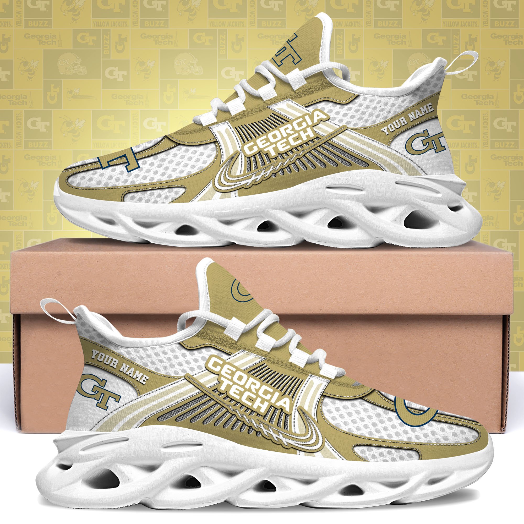 Georgia Tech Yellow Jackets Clunky Sneakers Custom Your Name, Sport Sneakers, Sport Gifts For Fan, Gifts For Him