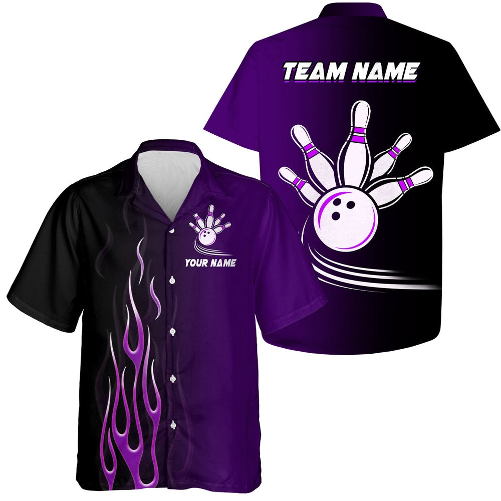 Gradient Purple Bowling League Hawaiians, Custom Button Up Hawaiian Shirt, Gifts For Bowling Team, Bowling Team Hawaiian