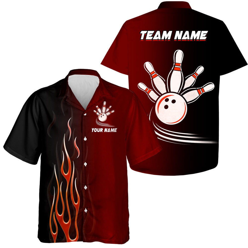 Gradient Red And Black Bowling League Hawaiians, Custom Button Up Hawaiian Shirt, Gifts For Bowling Team, Bowling Team Hawaiian