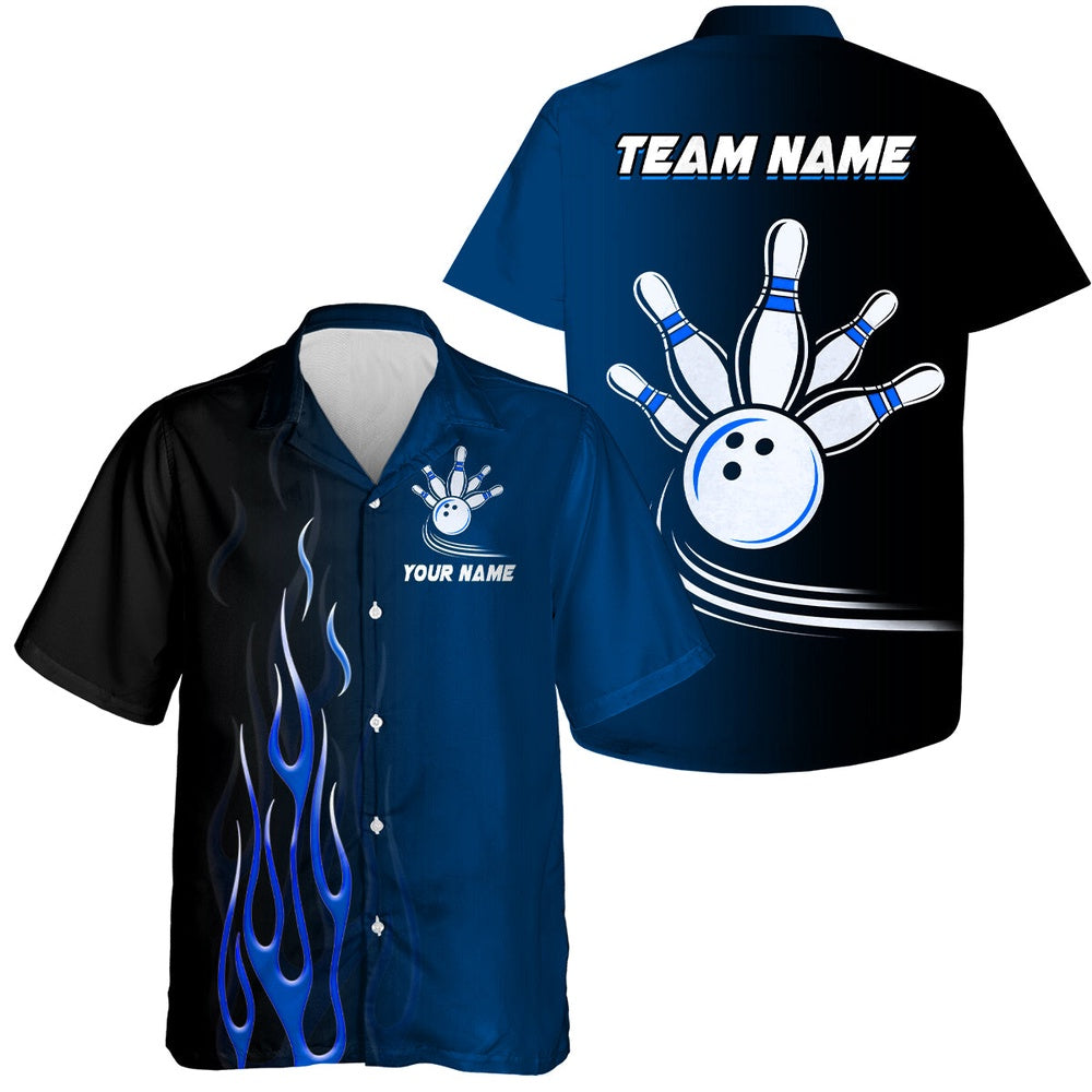 Gradient Red And Bluebowling League Hawaiians, Custom Button Up Hawaiian Shirt, Gifts For Bowling Team, Bowling Team Hawaiian