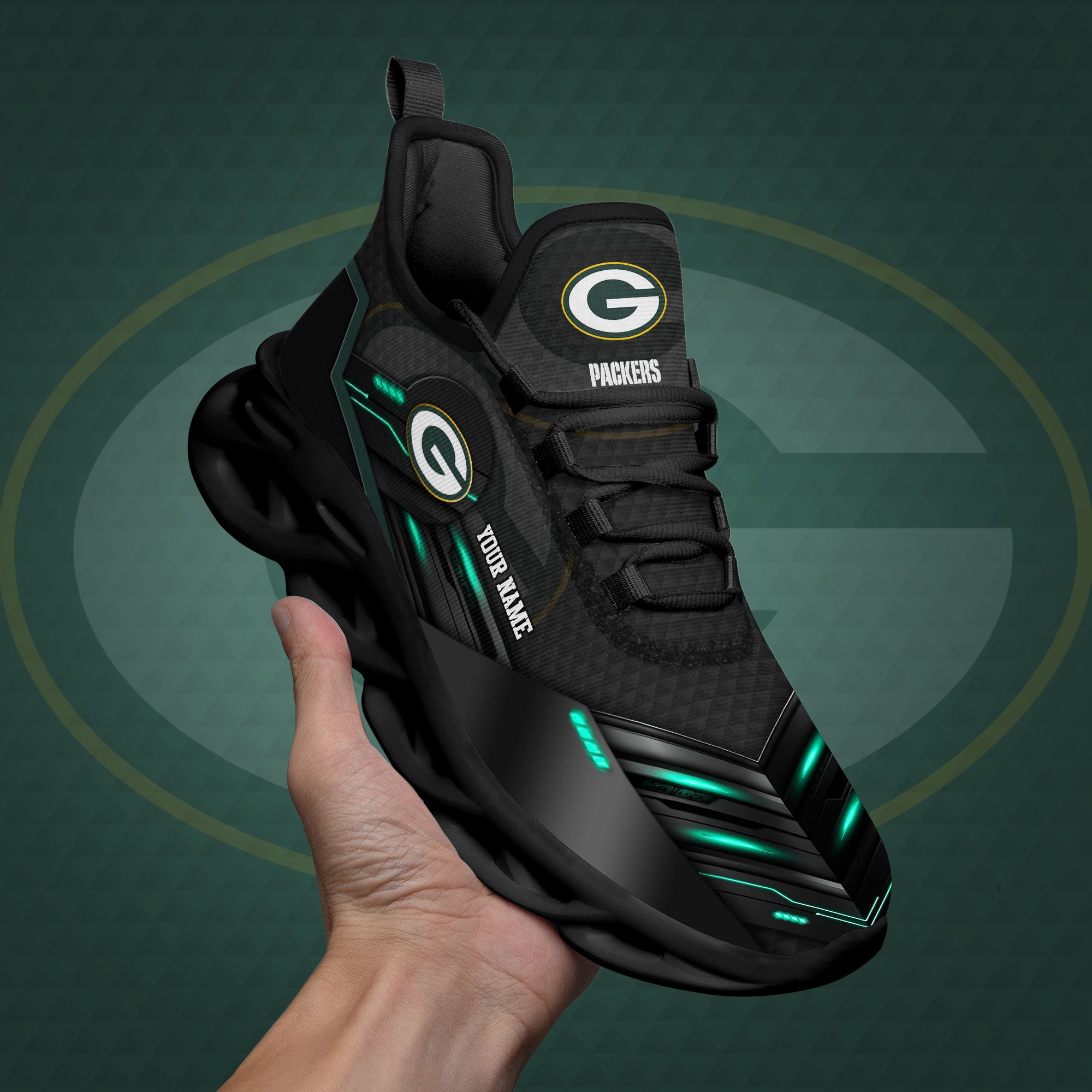 Green Bay Packers Black Clunky Sneaker Custom Name, Max Soul Shoes ...