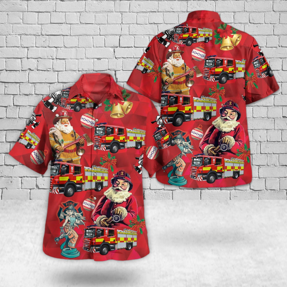 Hereford and Worcester Fire and Rescue Service Scania Ultra Heavy Rescue Pump Christmas Hawaiian Shirt, Xmas Hawaiian Shirts