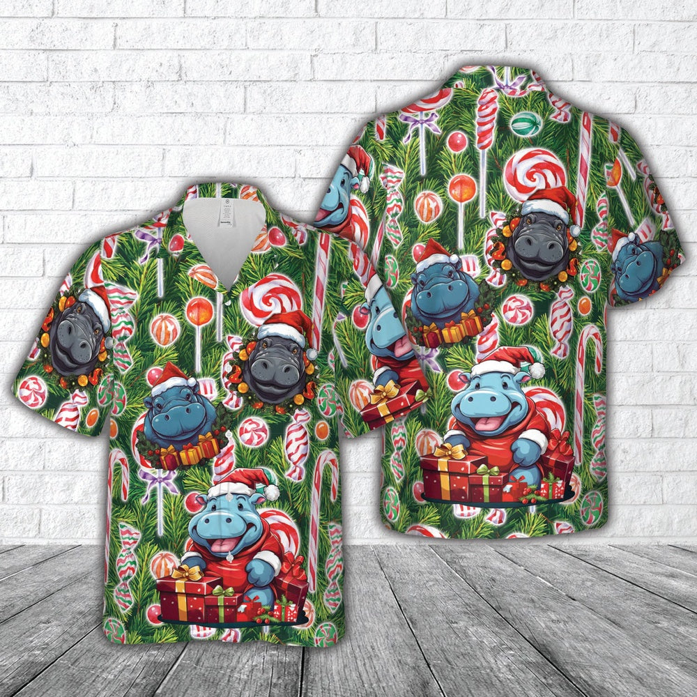 Hippo Wearing Santa Hat Christmas Hawaiian Shirt, Xmas Hawaiian Shirts, Christmas Aloha Shirts