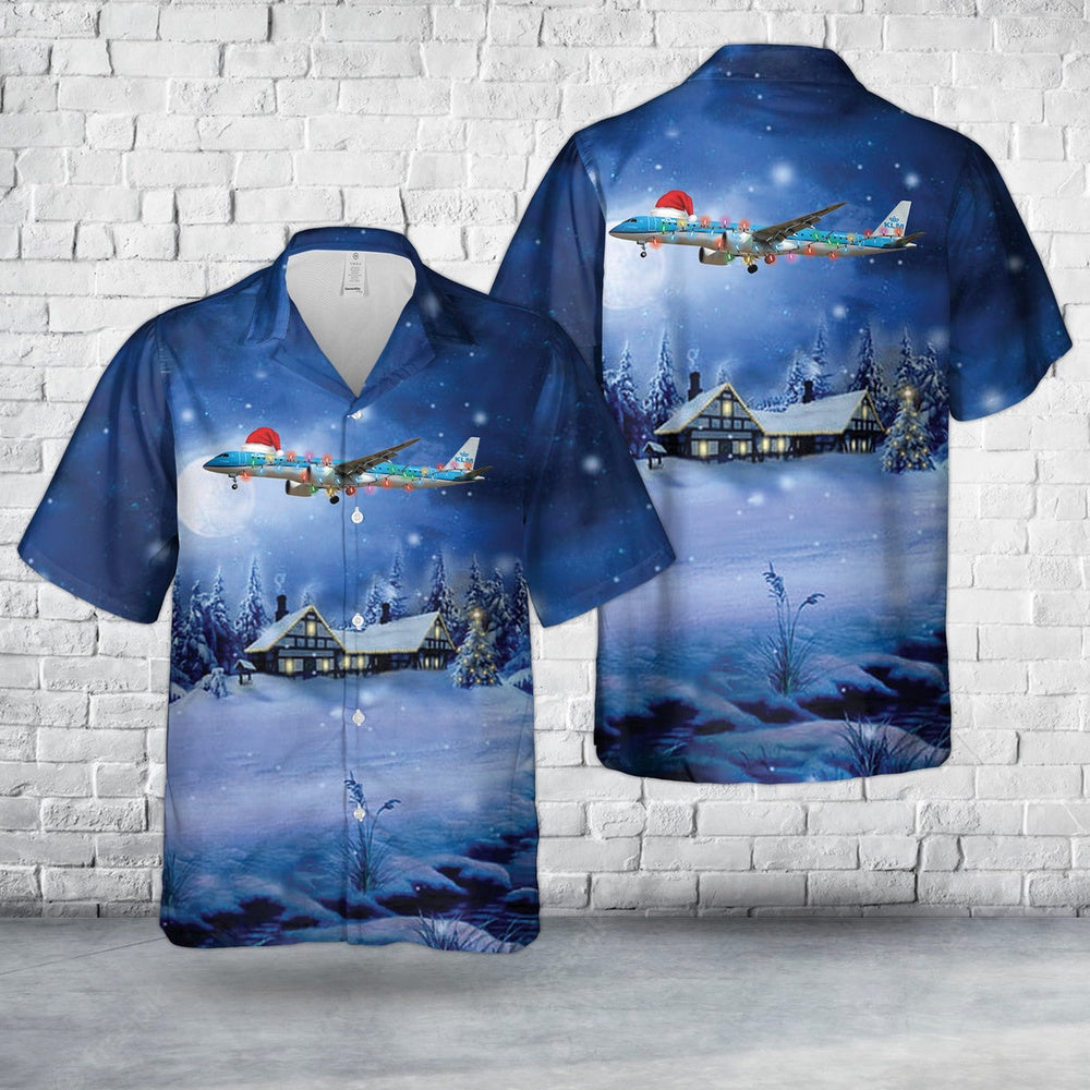 KLM Cityhopper Embraer E195-E2 (ERJ 190-400 STD) Christmas Hawaiian Shirt, Xmas Hawaiian Shirts, Christmas Aloha Shirts