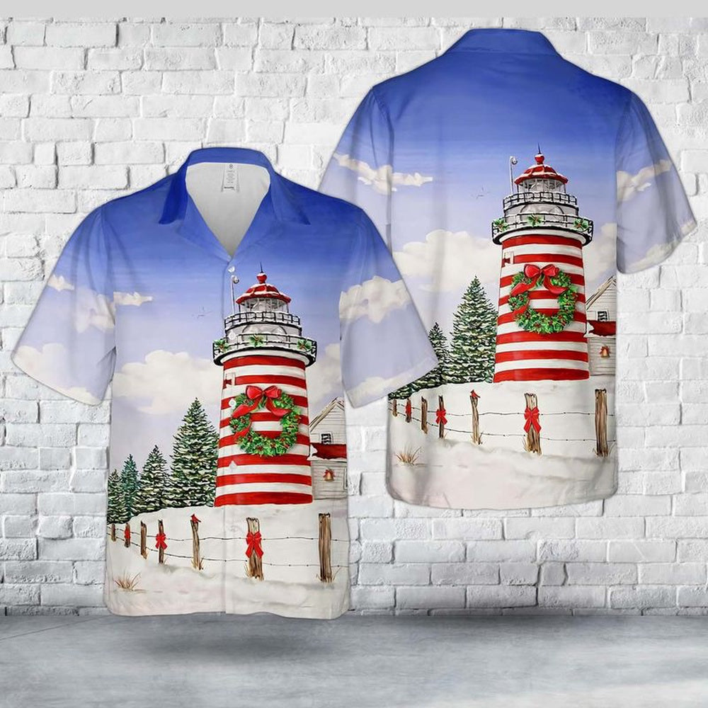 Lubec, Maine, West Quoddy Lighthouse Christmas Hawaiian Shirt, Xmas Hawaiian Shirts, Christmas Aloha Shirts