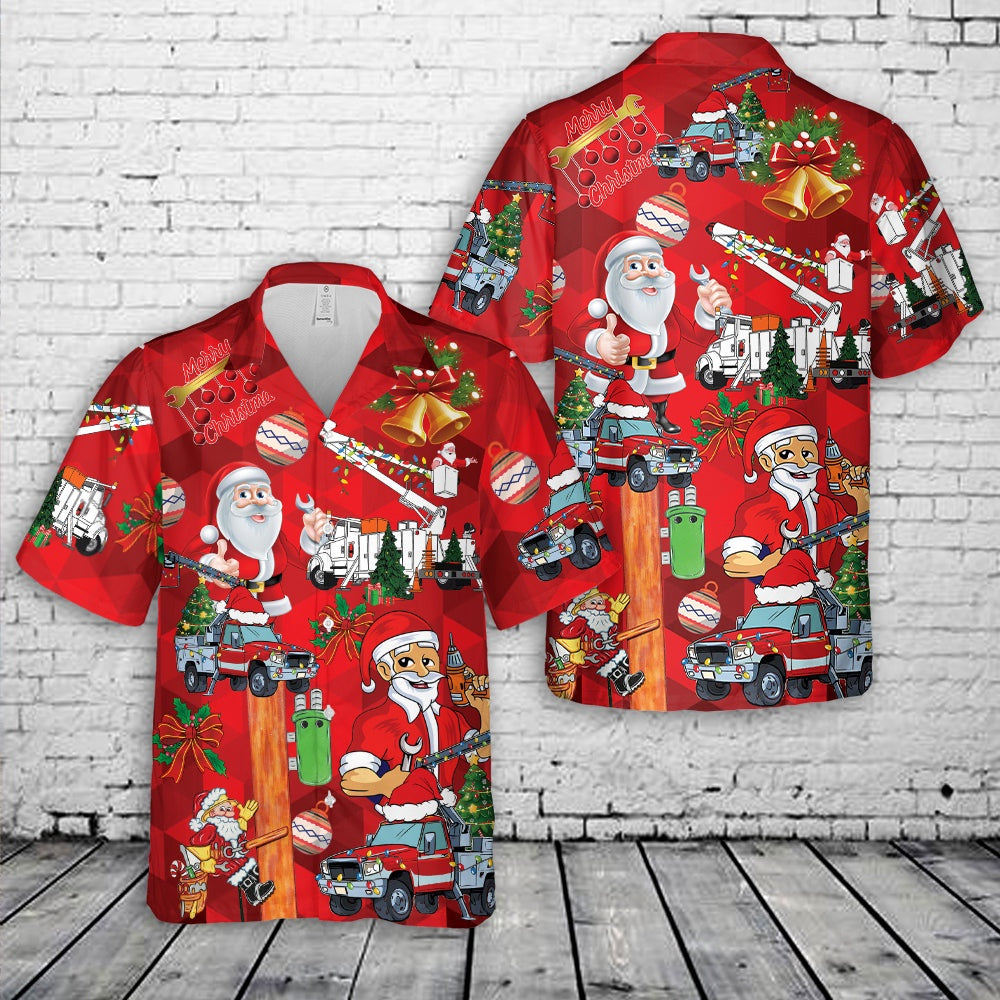 Merry Christmas Lineman Bucket Truck Hawaiian Shirt, Xmas Hawaiian Shirts, Christmas Aloha Shirts