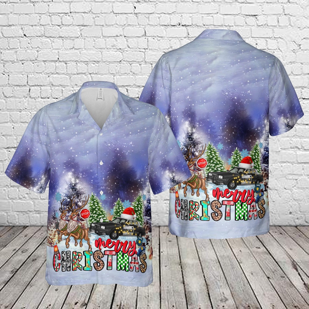 Merry Christmas Police Car Hawaiian Shirt, Xmas Hawaiian Shirts, Christmas Aloha Shirts