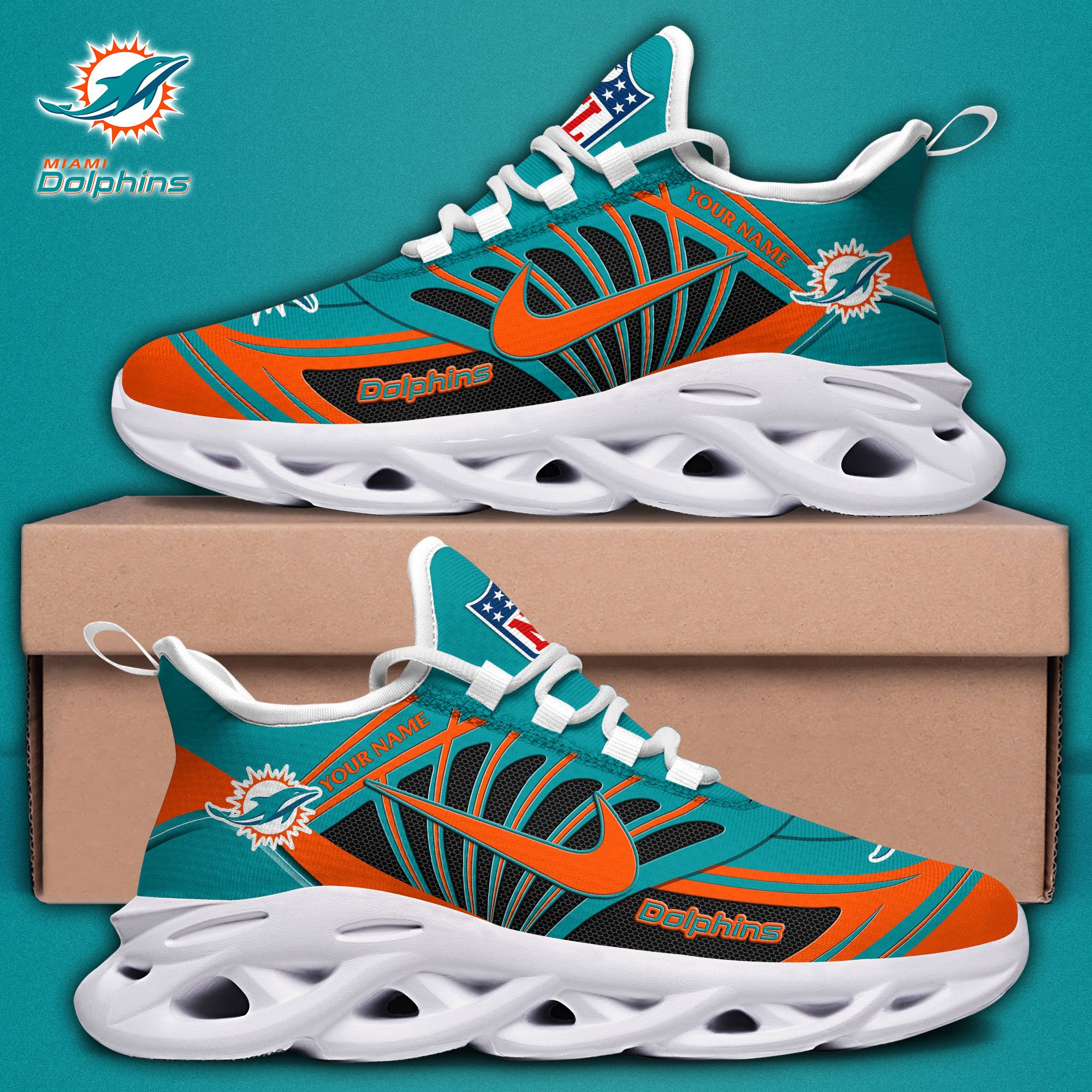 Miami Dolphins Black Max Soul Shoes 2025 Versions Custom Name 898