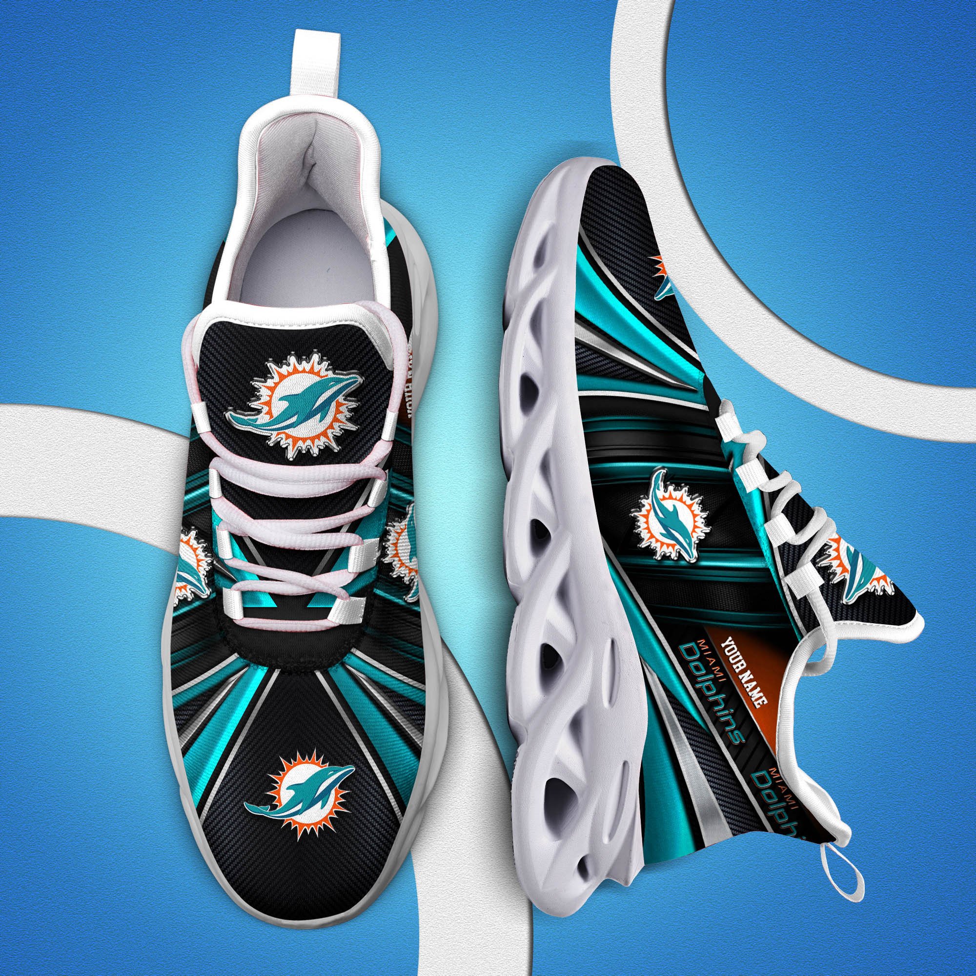 Miami Dolphins White C Sneakers 2025 Version Personalized Your Name, Sport Team Sneakers, Sport Gifts PH892