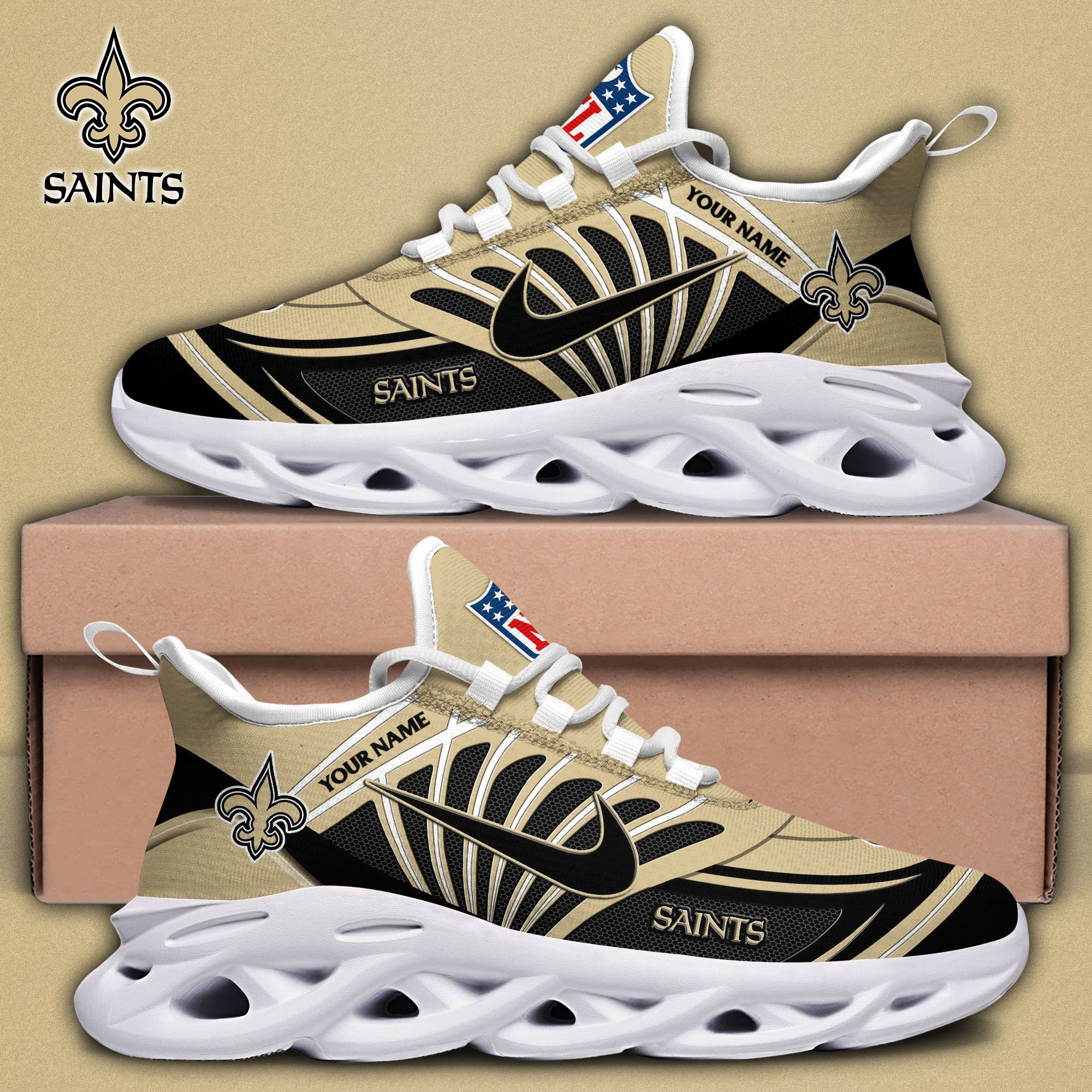 New Orleans Saints Black Max Soul Shoes 2025 Versions Custom Name 898