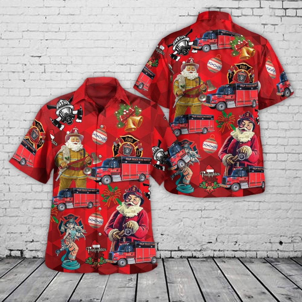 Palm Beach, Florida, Palm Beach Fire-Rescue Department Christmas Hawaiian Shirt, Xmas Hawaiian Shirts, Christmas Aloha Shirts