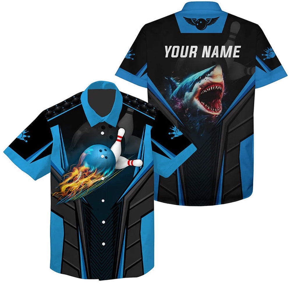 Personalized 3D Bowling Hawaiian Shirts, Custom Shark Team Bluebowling Ball Team Button Up Shirts, Bowling Team Hawaiian