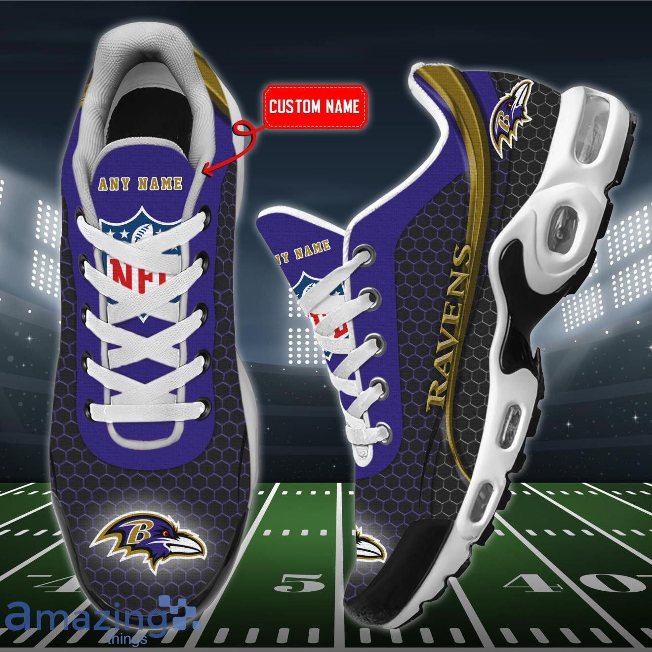 Personalized Baltimore Ravens Team Logo Hexagon Pattern Team Color TN Shoes Air Cushion Sneakers