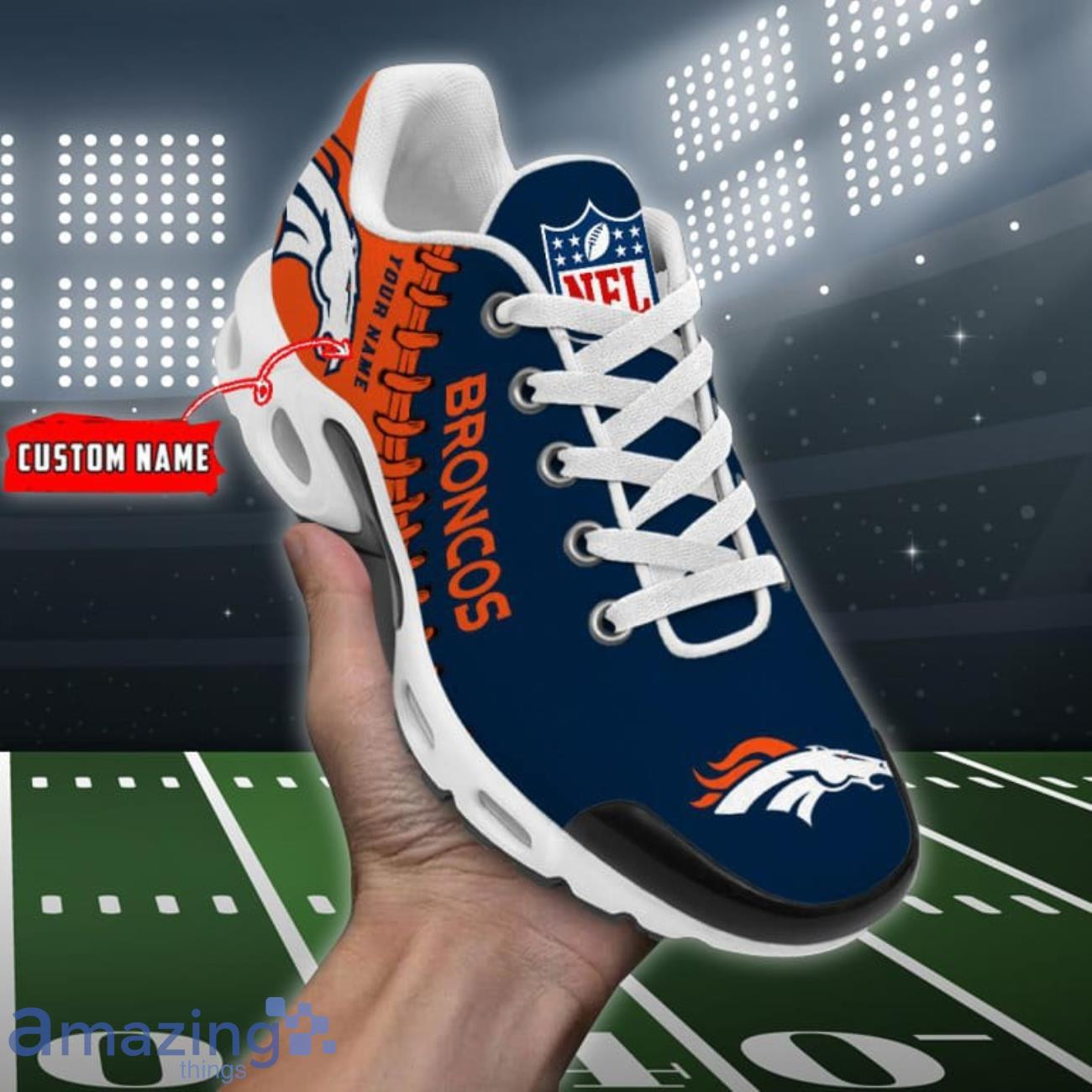 Personalized Denver BroncosTeam Logo Rugby Ball Pattern TN Air Max Shoes Air Cushion Sneakers