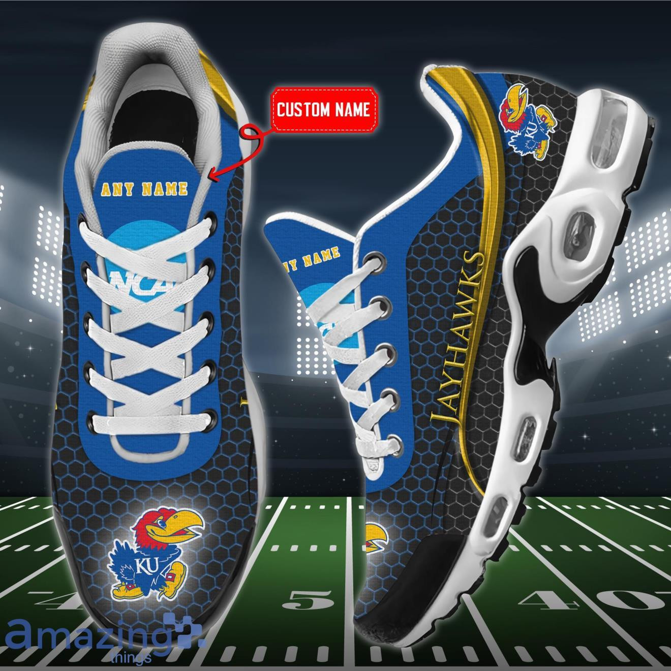 Personalized Kansas Jayhawks Team Logo Hexagon Pattern Team Color TN Air Max Shoes Air Cushion Sneakers