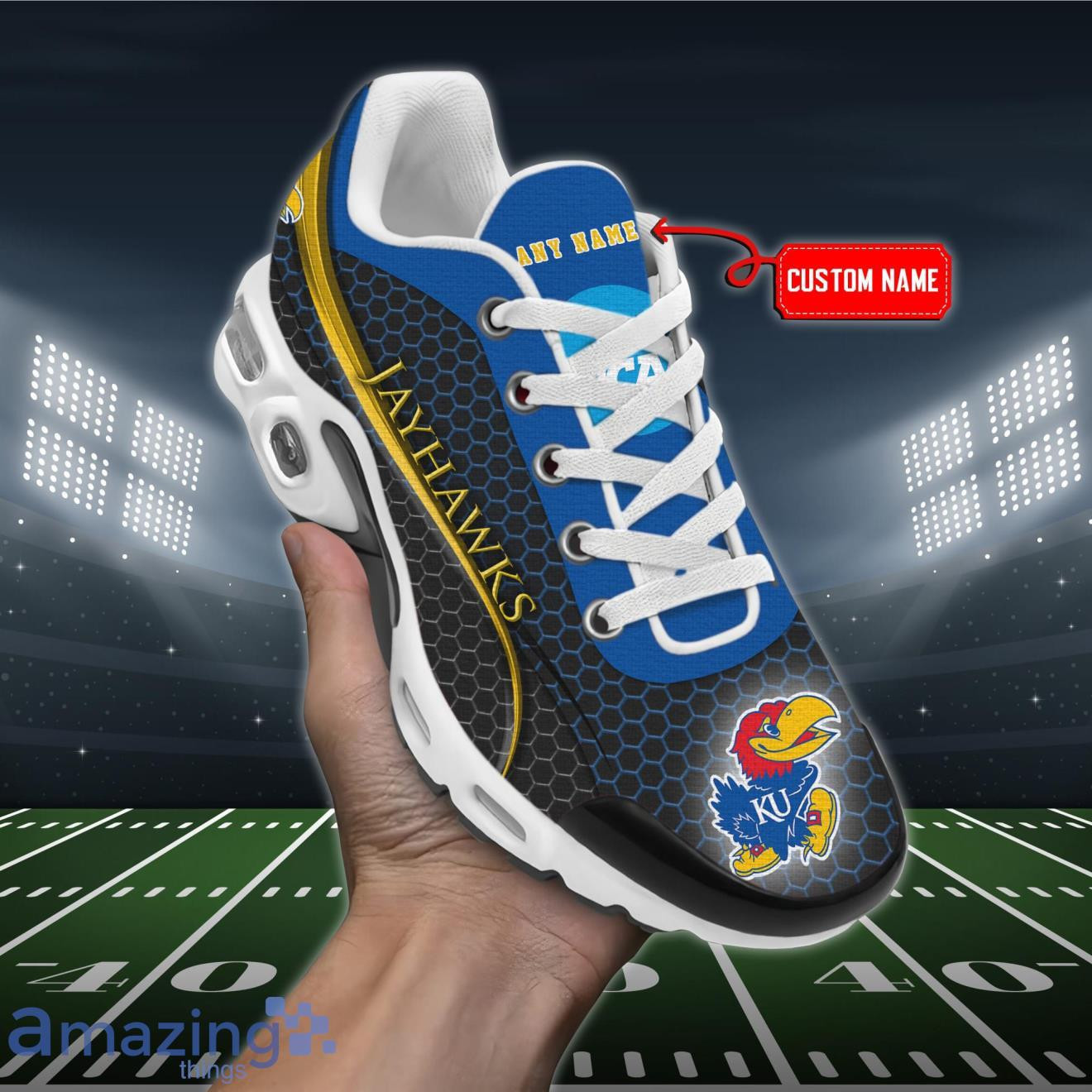 Personalized Kansas Jayhawks Team Logo Hexagon Pattern Team Color TN Air Max Shoes Air Cushion Sneakers
