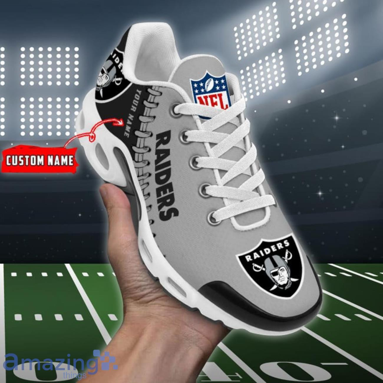 Personalized Las Vegas RaidersTeam Logo Rugby Ball Pattern TN Air Max Shoes Air Cushion Sneakers